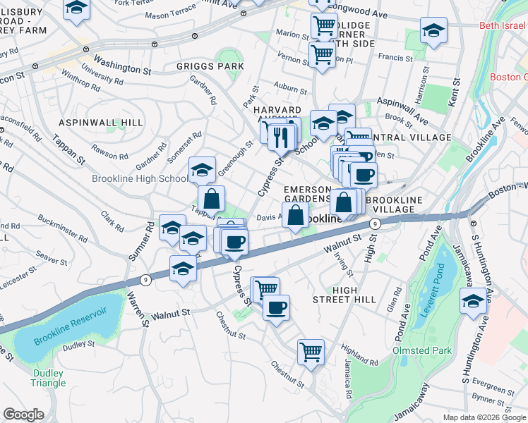map of restaurants, bars, coffee shops, grocery stores, and more near 118 Davis Avenue in Brookline