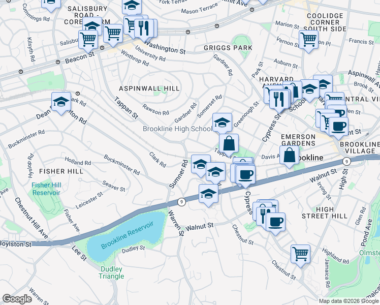 map of restaurants, bars, coffee shops, grocery stores, and more near 86 Sumner Road in Brookline