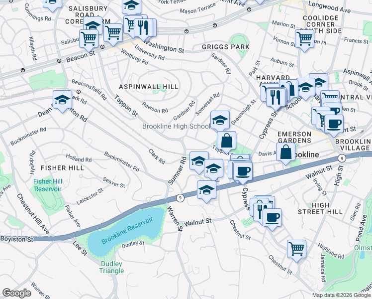 map of restaurants, bars, coffee shops, grocery stores, and more near 86 Sumner Road in Brookline
