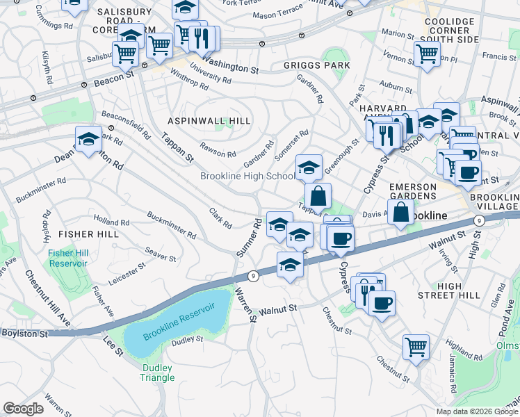 map of restaurants, bars, coffee shops, grocery stores, and more near 86 Sumner Road in Brookline