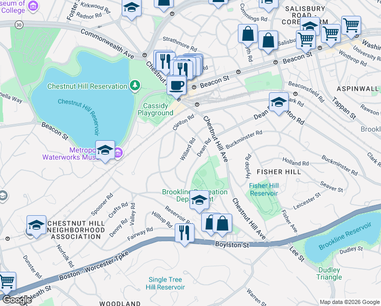 map of restaurants, bars, coffee shops, grocery stores, and more near 265 Dean Road in Brookline