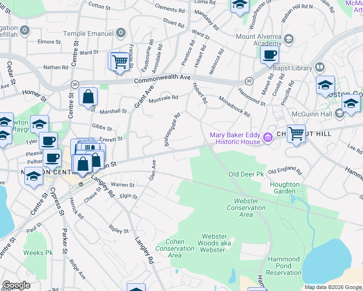 map of restaurants, bars, coffee shops, grocery stores, and more near 582 Beacon Street in Newton
