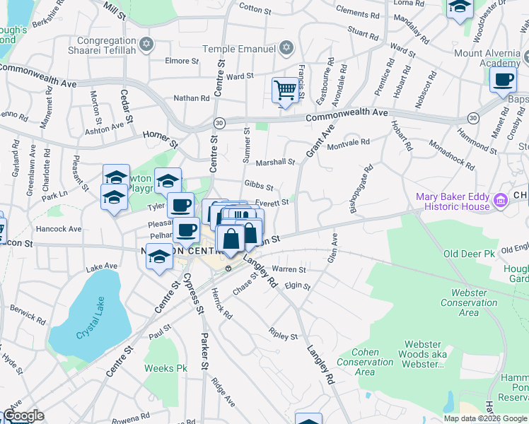 map of restaurants, bars, coffee shops, grocery stores, and more near 62 Dalton Road in Newton