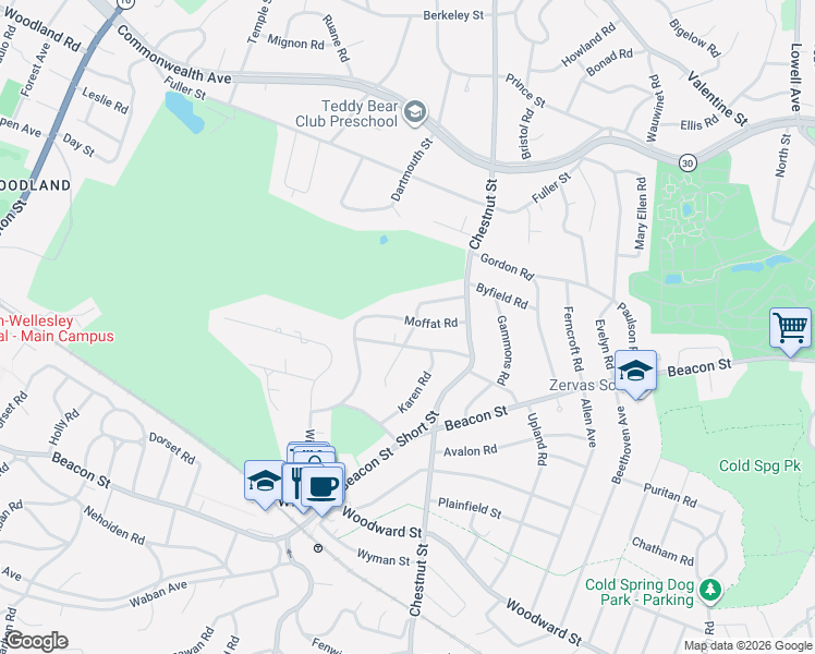 map of restaurants, bars, coffee shops, grocery stores, and more near 8 Fredana Road in Newton