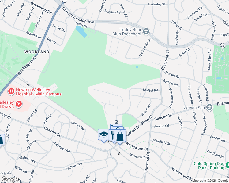 map of restaurants, bars, coffee shops, grocery stores, and more near 160 Windsor Road in Newton