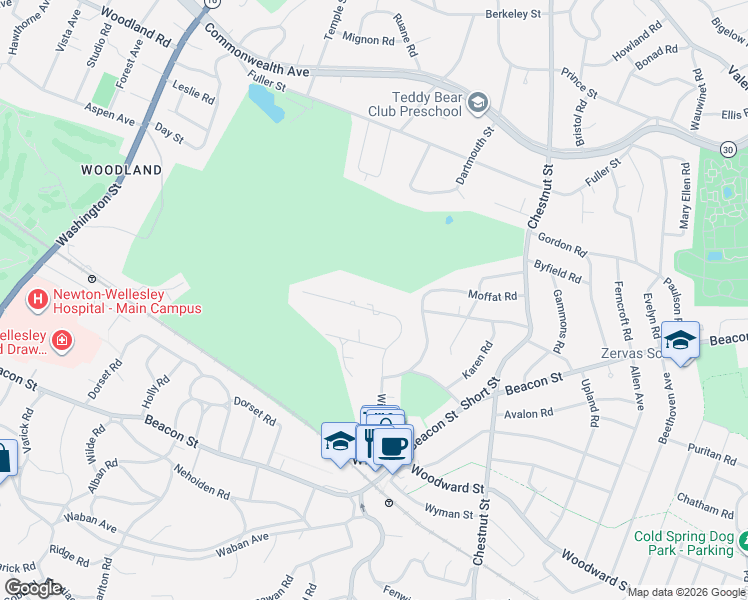 map of restaurants, bars, coffee shops, grocery stores, and more near 160 Windsor Road in Newton