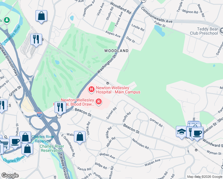map of restaurants, bars, coffee shops, grocery stores, and more near 85 Longfellow Road in Newton