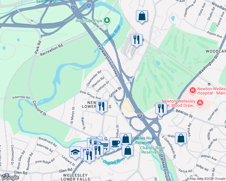 map of restaurants, bars, coffee shops, grocery stores, and more near 511 Grove Street in Newton