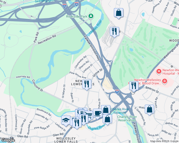 map of restaurants, bars, coffee shops, grocery stores, and more near 511 Grove Street in Newton