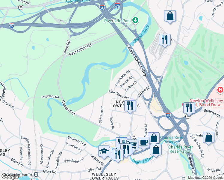 map of restaurants, bars, coffee shops, grocery stores, and more near 1 Cornell Street in Newton