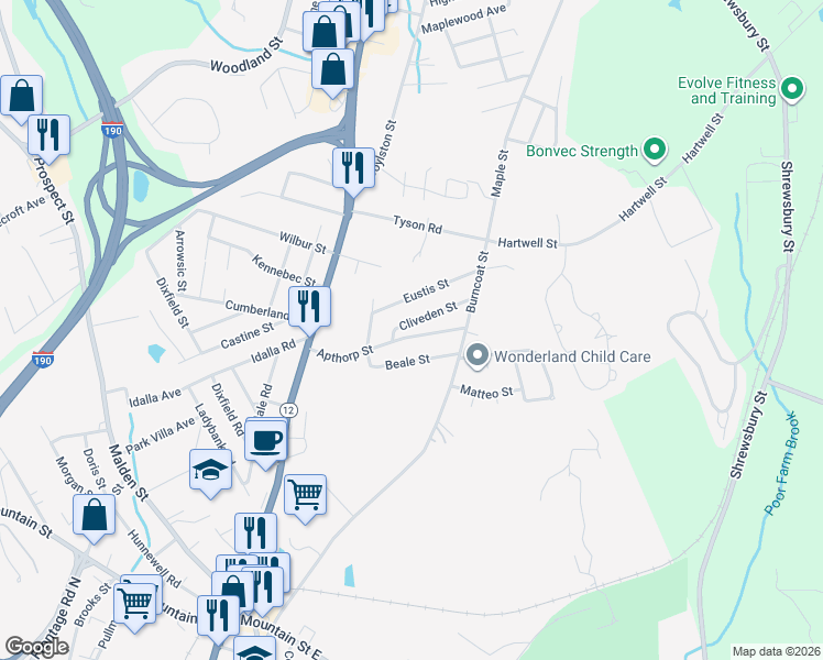 map of restaurants, bars, coffee shops, grocery stores, and more near 60A Apthorp Street in Worcester