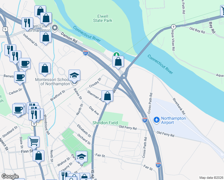 map of restaurants, bars, coffee shops, grocery stores, and more near 355 Bridge Street in Northampton