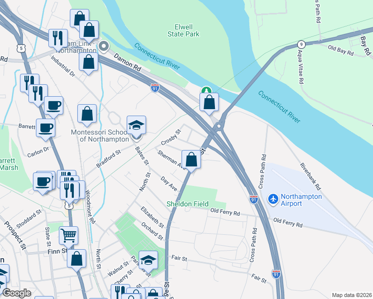 map of restaurants, bars, coffee shops, grocery stores, and more near 15 Sherman Avenue in Northampton