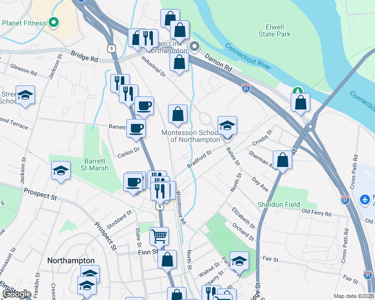 map of restaurants, bars, coffee shops, grocery stores, and more near 70 Bradford Street in Northampton