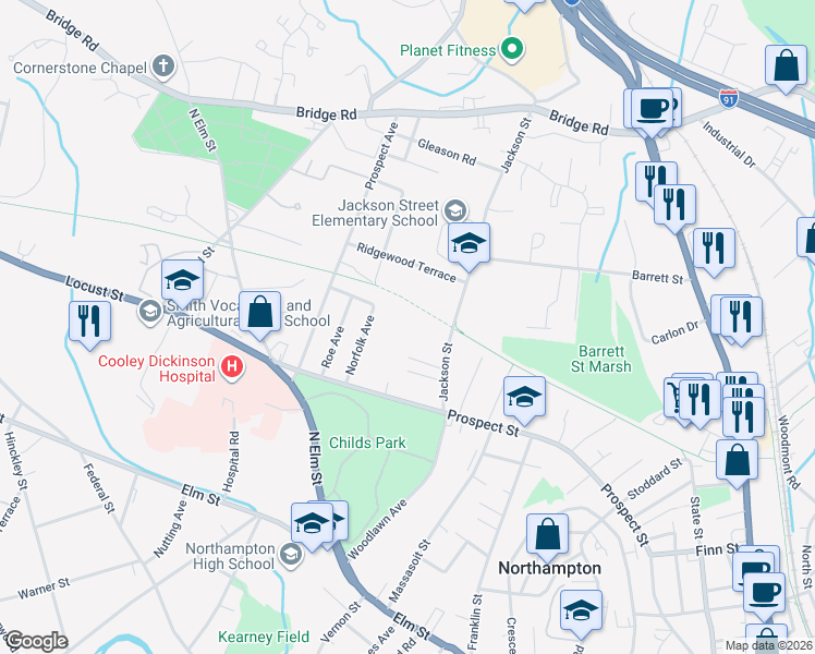 map of restaurants, bars, coffee shops, grocery stores, and more near 37 Prospect Heights in Northampton