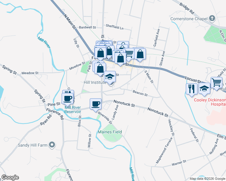 map of restaurants, bars, coffee shops, grocery stores, and more near 31 Mann Terrace in Northampton