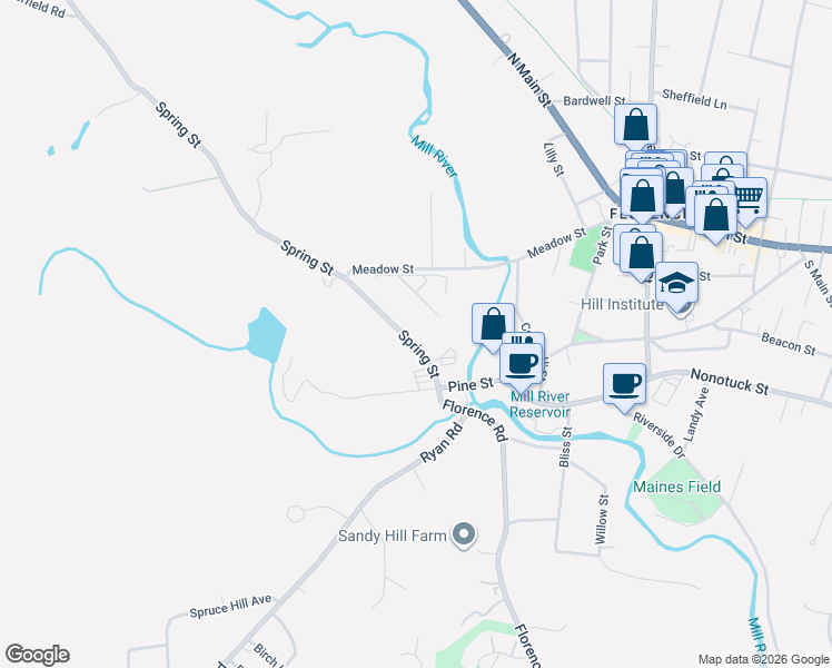 map of restaurants, bars, coffee shops, grocery stores, and more near 40 Spring Street in Northampton
