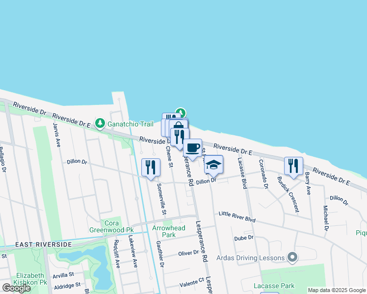 map of restaurants, bars, coffee shops, grocery stores, and more near 119b Lesperance Road in Windsor