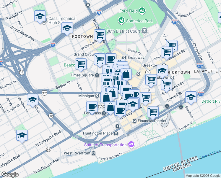 map of restaurants, bars, coffee shops, grocery stores, and more near 1010 Washington Boulevard in Detroit