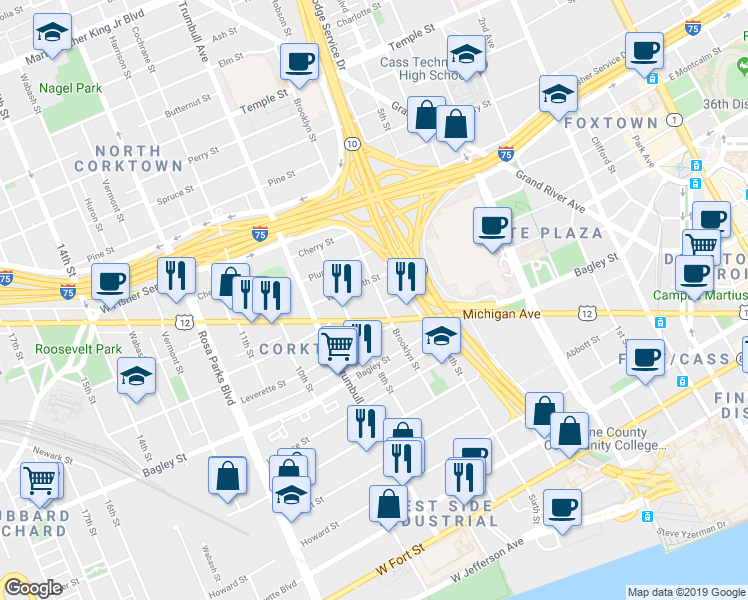 map of restaurants, bars, coffee shops, grocery stores, and more near 1310 Michigan Avenue in Detroit