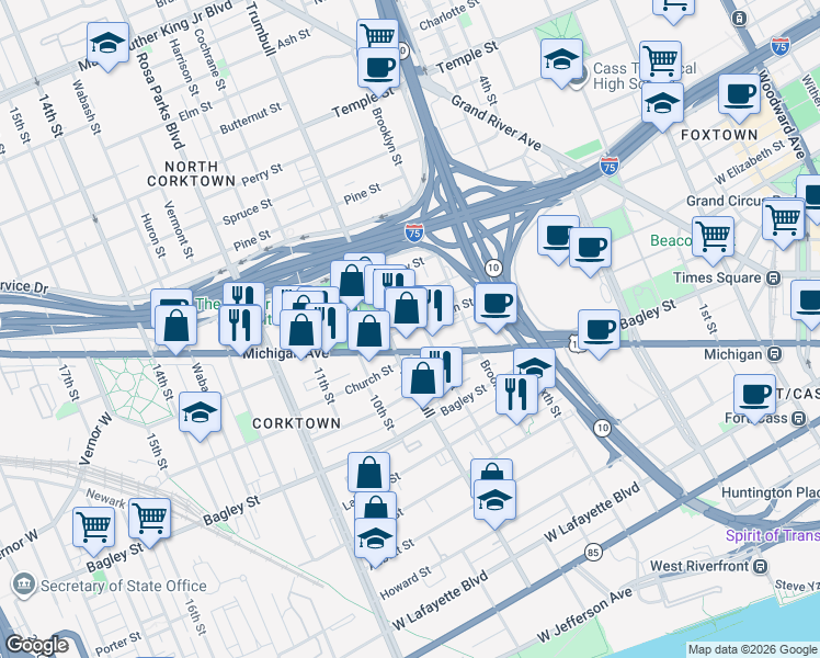 map of restaurants, bars, coffee shops, grocery stores, and more near in Detroit