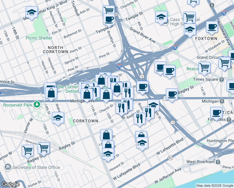 map of restaurants, bars, coffee shops, grocery stores, and more near in Detroit