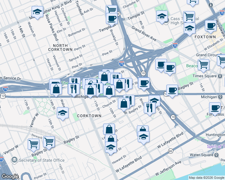 map of restaurants, bars, coffee shops, grocery stores, and more near in Detroit