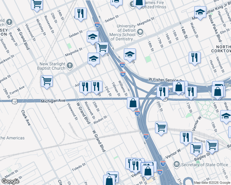 map of restaurants, bars, coffee shops, grocery stores, and more near 3266 Michigan Avenue in Detroit