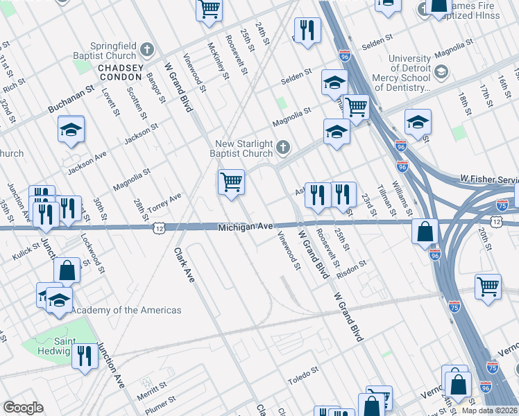 map of restaurants, bars, coffee shops, grocery stores, and more near 4000 Michigan Avenue in Detroit