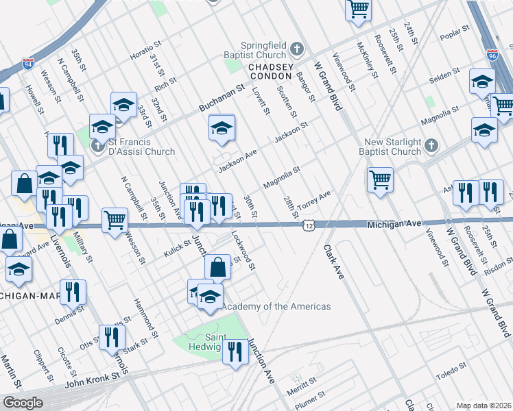 map of restaurants, bars, coffee shops, grocery stores, and more near 4708 Michigan Avenue in Detroit