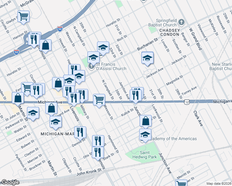 map of restaurants, bars, coffee shops, grocery stores, and more near in Detroit