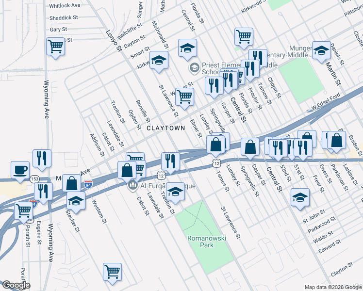 map of restaurants, bars, coffee shops, grocery stores, and more near 5100 Lonyo Street in Detroit