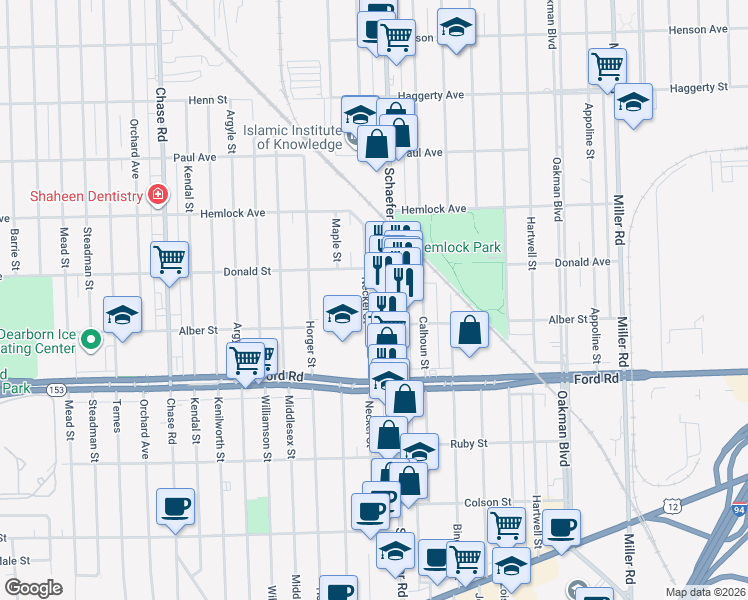 map of restaurants, bars, coffee shops, grocery stores, and more near 5846 Schaefer Road in Dearborn