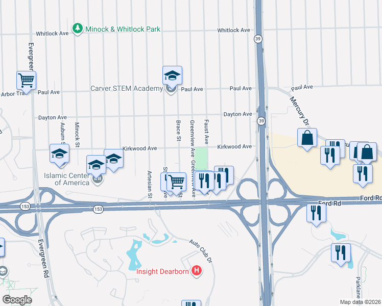 map of restaurants, bars, coffee shops, grocery stores, and more near 5773 Greenview Avenue in Detroit