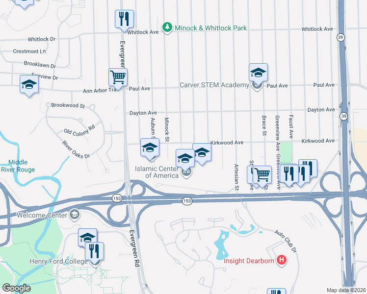 map of restaurants, bars, coffee shops, grocery stores, and more near 5861 Westwood Street in Detroit