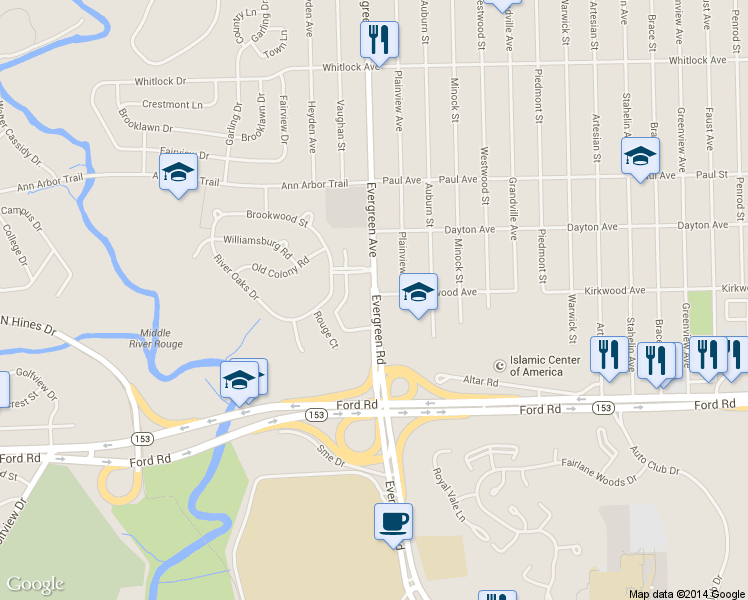 map of restaurants, bars, coffee shops, grocery stores, and more near 5761 Evergreen Road in Dearborn Heights