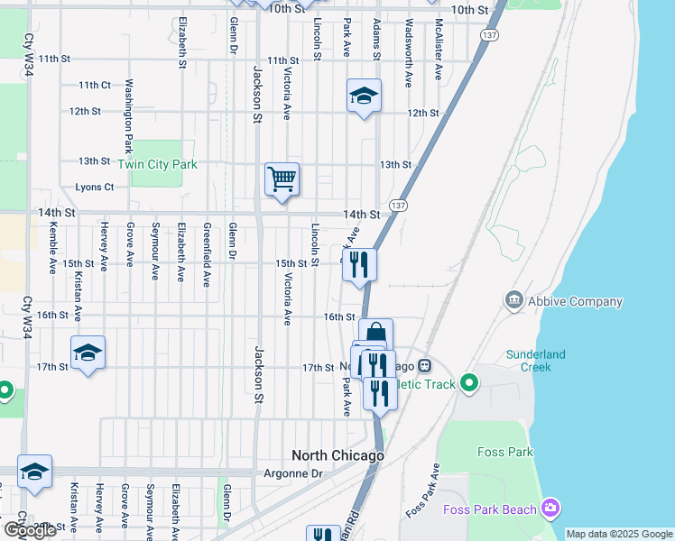 map of restaurants, bars, coffee shops, grocery stores, and more near 1522 Park Avenue in North Chicago