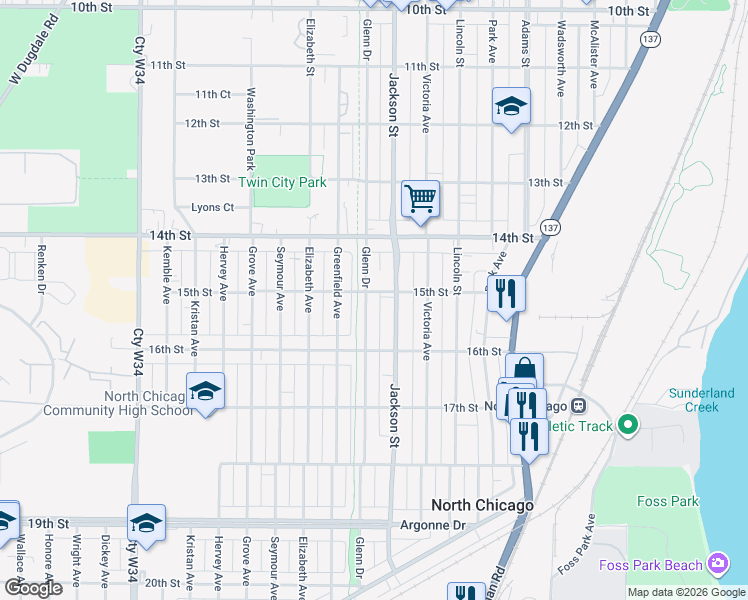 map of restaurants, bars, coffee shops, grocery stores, and more near 1527 Glenn Drive in North Chicago