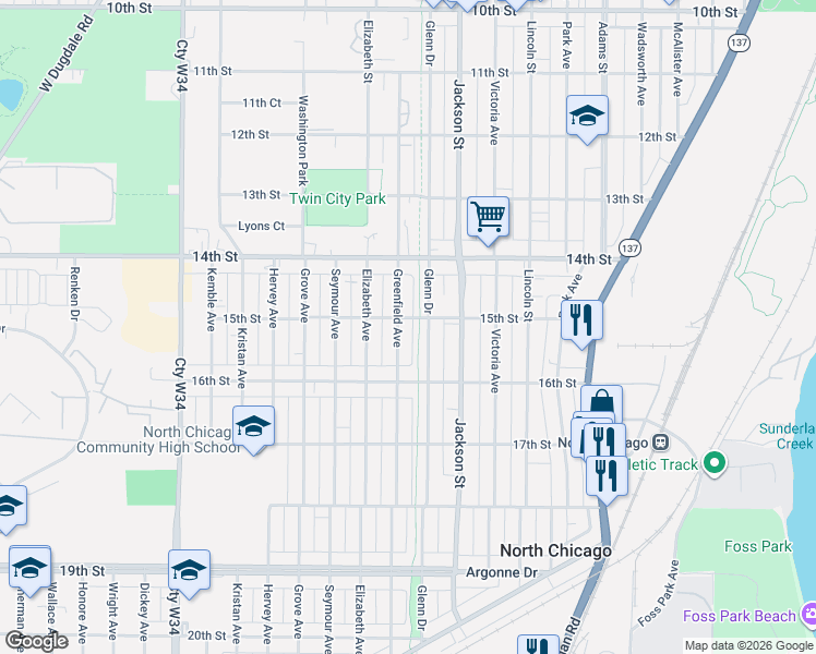 map of restaurants, bars, coffee shops, grocery stores, and more near 1524 Greenfield Avenue in North Chicago