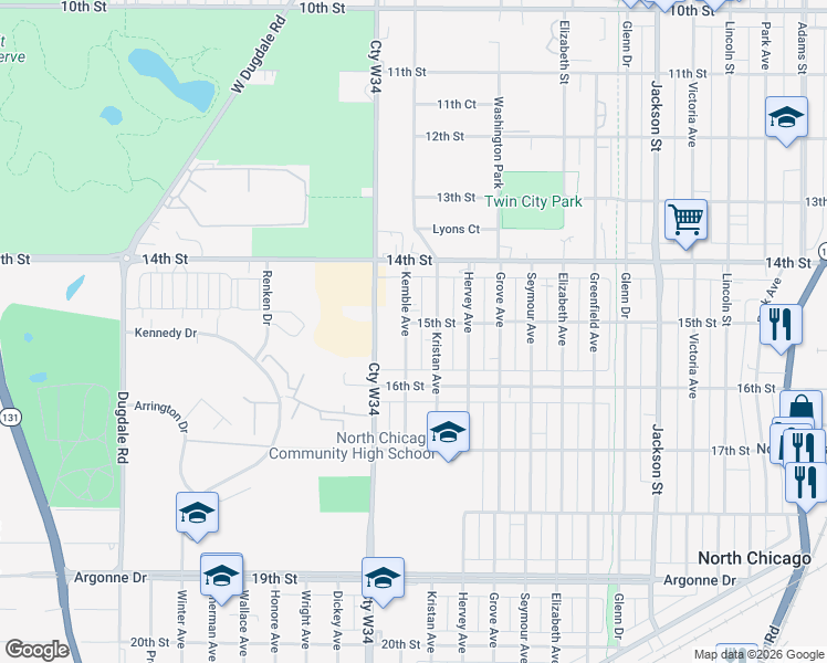 map of restaurants, bars, coffee shops, grocery stores, and more near 1536 Kemble Avenue in North Chicago