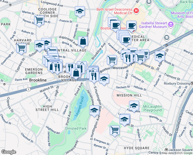 map of restaurants, bars, coffee shops, grocery stores, and more near 888 Huntington Avenue in Boston