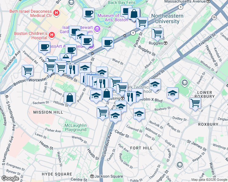 map of restaurants, bars, coffee shops, grocery stores, and more near 3 Morton Place in Boston