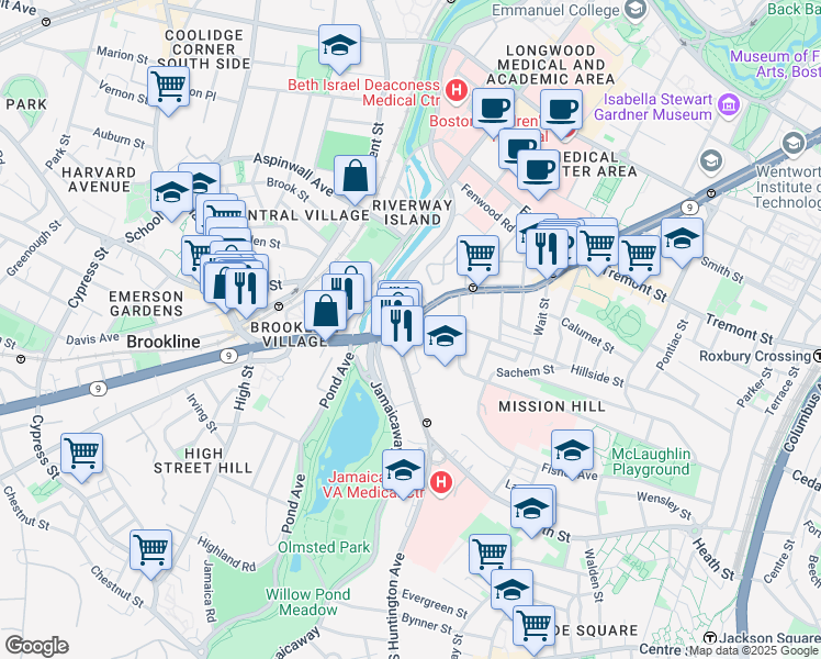 map of restaurants, bars, coffee shops, grocery stores, and more near 25-25A South Huntington Avenue in Boston