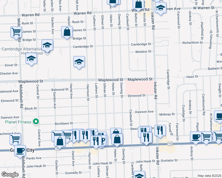 map of restaurants, bars, coffee shops, grocery stores, and more near 6351 Helen Street in Garden City