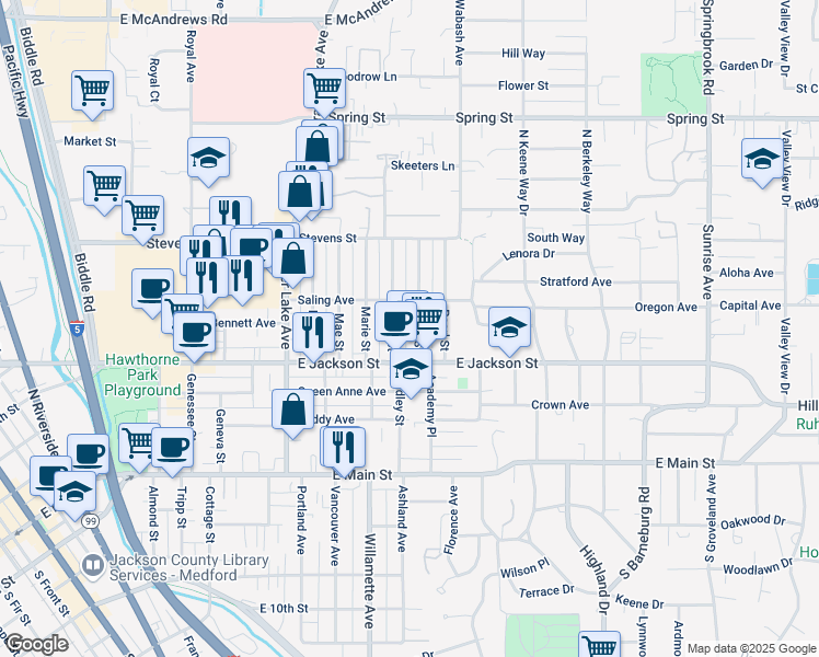 map of restaurants, bars, coffee shops, grocery stores, and more near 327 Bessie Street in Medford