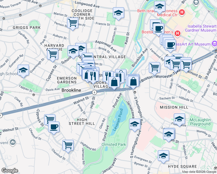 map of restaurants, bars, coffee shops, grocery stores, and more near 1 Brookline Place in Brookline