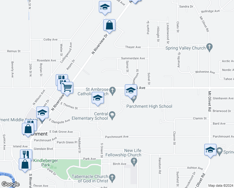 map of restaurants, bars, coffee shops, grocery stores, and more near 1710 East G Avenue in Parchment