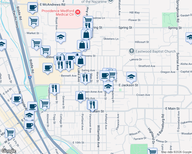 map of restaurants, bars, coffee shops, grocery stores, and more near 314 Marie Street in Medford