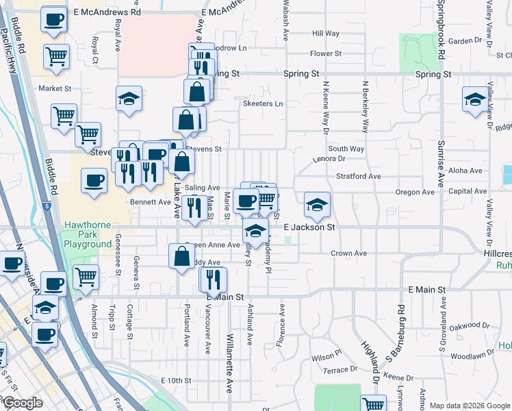 map of restaurants, bars, coffee shops, grocery stores, and more near 329 Bessie Street in Medford