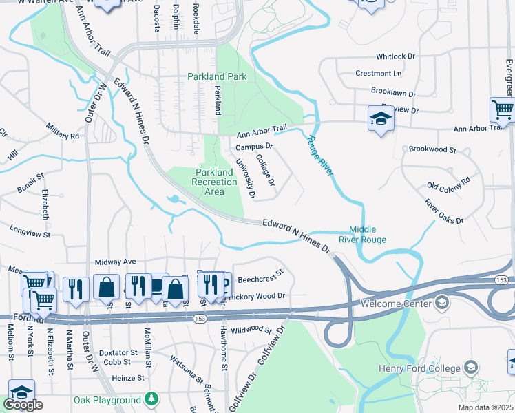 map of restaurants, bars, coffee shops, grocery stores, and more near 6175 University Drive in Dearborn Heights
